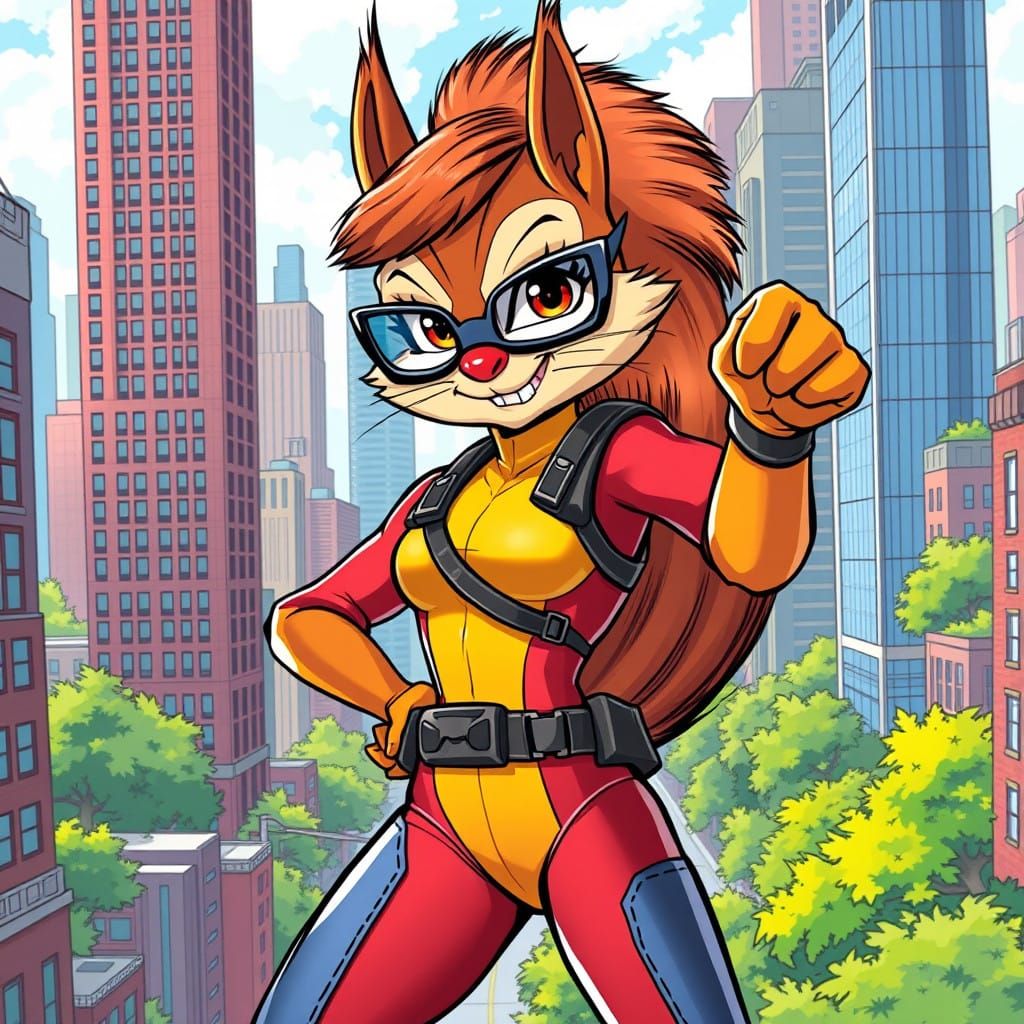 Squirrel Girl Heroic Cityscape in Comic Book Style