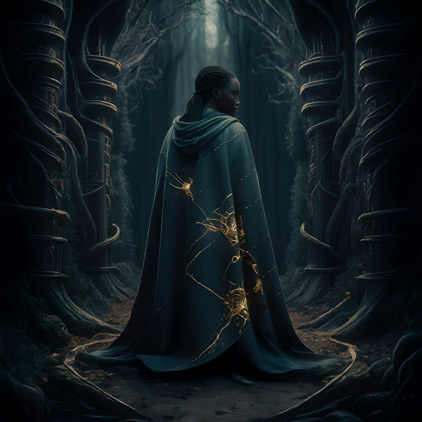 Enigmatic Cloaked Figure at Forest Crossroads