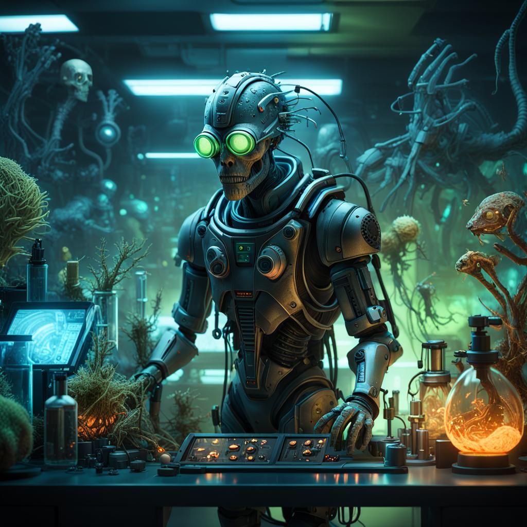 Hyper-Realistic Biopunk Scientist in Dimly Lit Lab