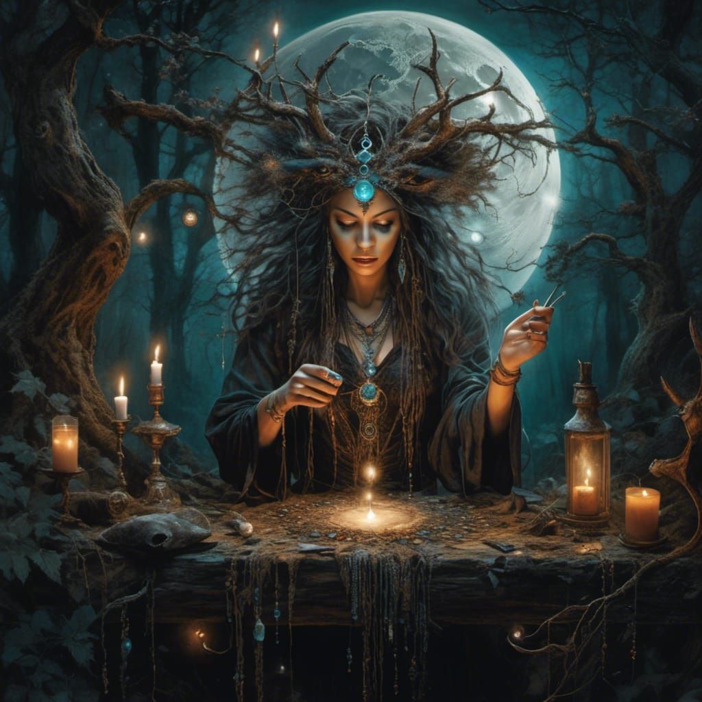 Forest Witch Builds Altar to Full Moon
