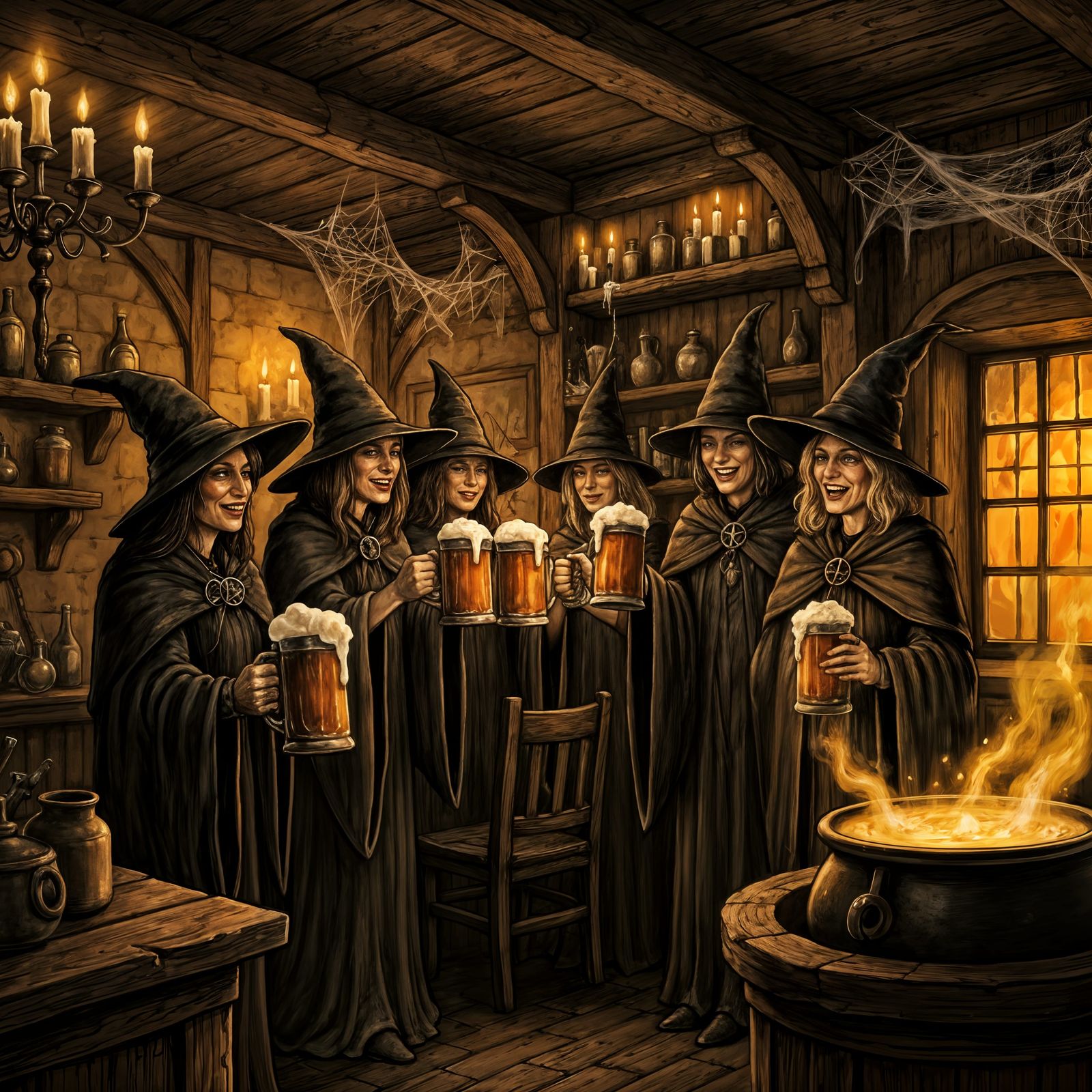 Witches Gather for Drinks at a Cozy Pub