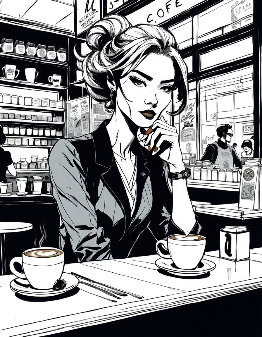 Sorority Girl at Coffee Shop in Graphic Novel Style