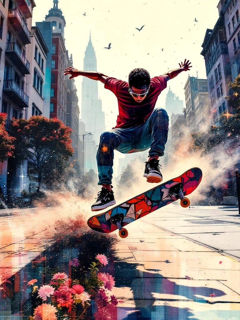 Surreal Skateboarder in Vibrant Urban Fantasy Scene