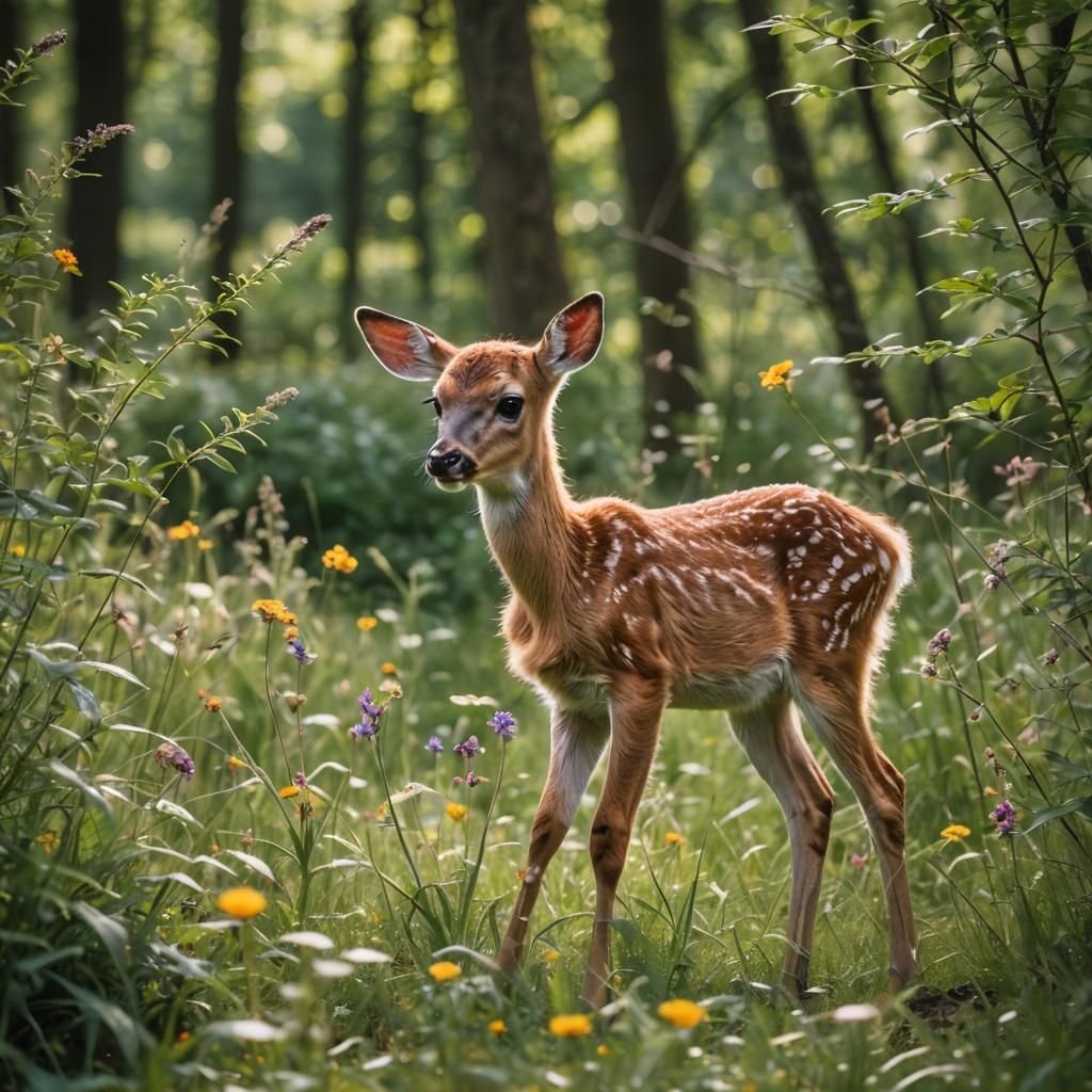 Fawn's Delight: Playful Scene in Wildflower Meadow
