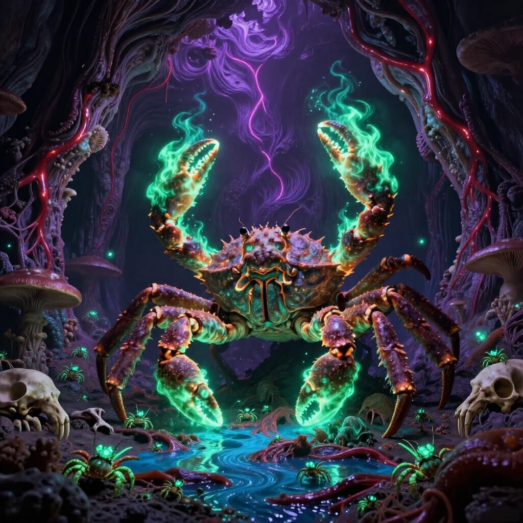 Colossal Emerald Fire Crab in Bioluminescent Giger-esque Cav...