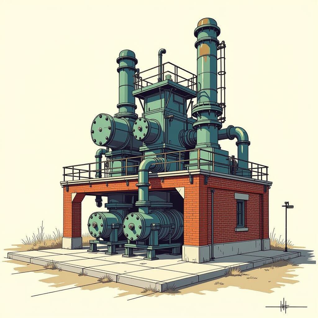 Detailed Blueprint of Old Pump Station in Syd Mead Style