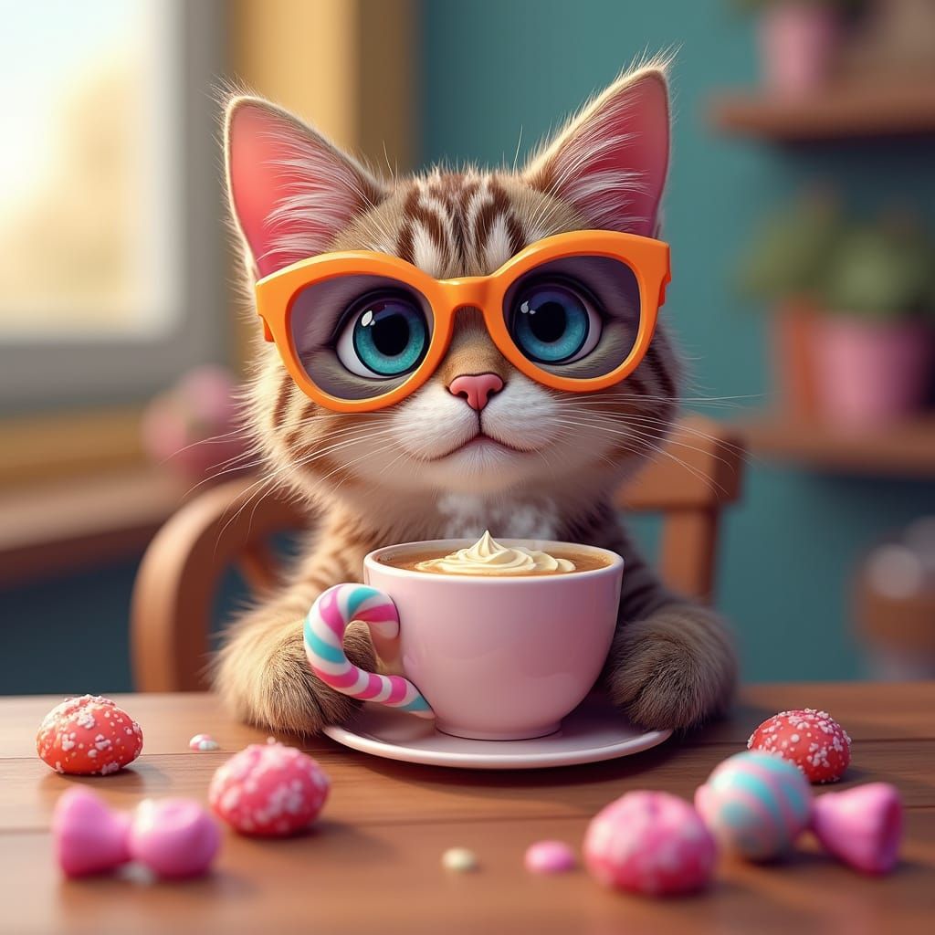 Tabby Cat in Whimsical Coffee Scene