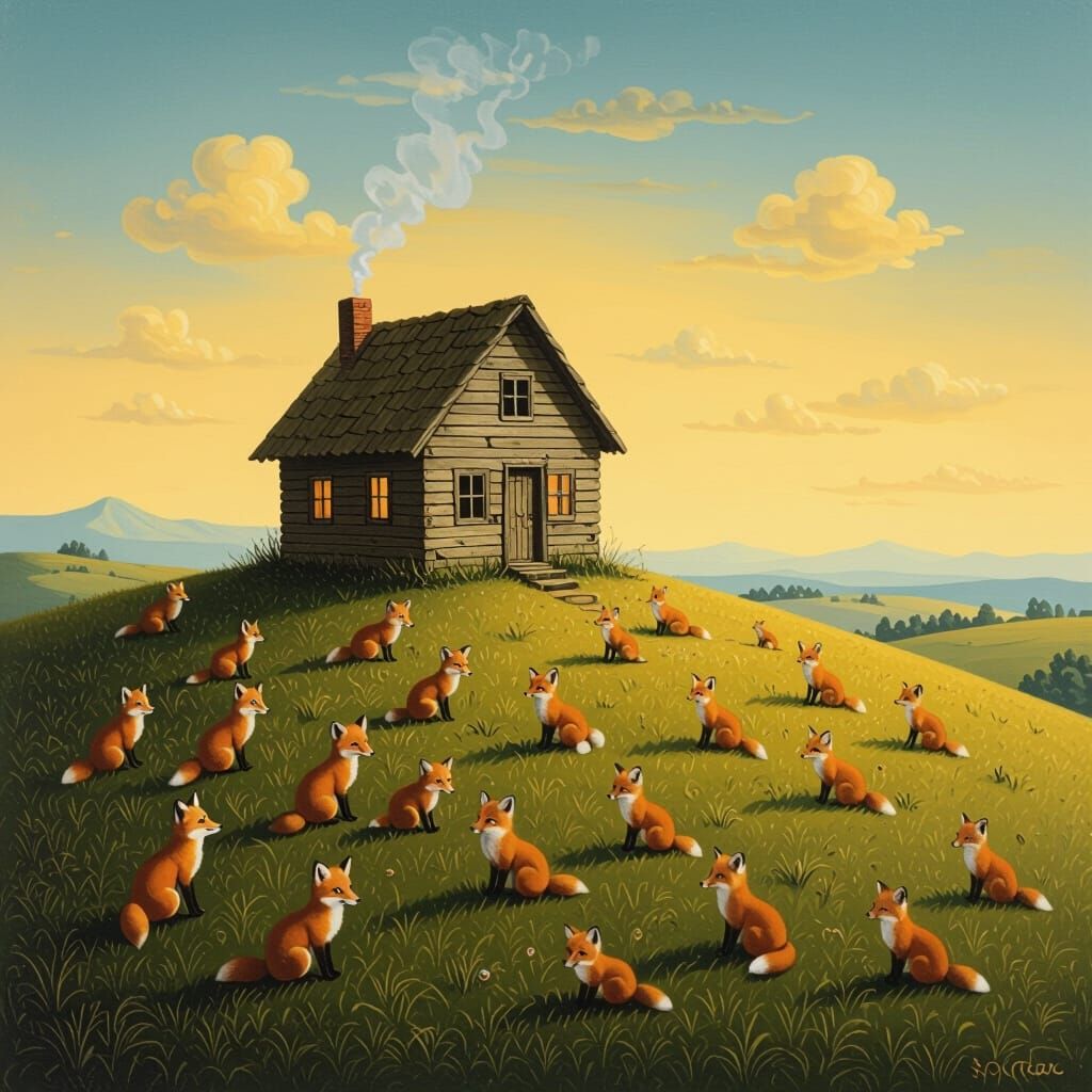 Cozy Cabin on Hill with Foxes, Surrealist Oil Painting