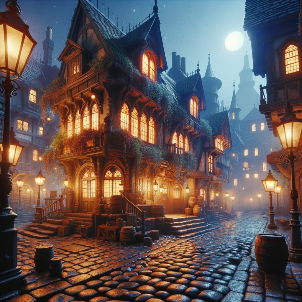 Old English Tavern at Night on Cobblestone Street