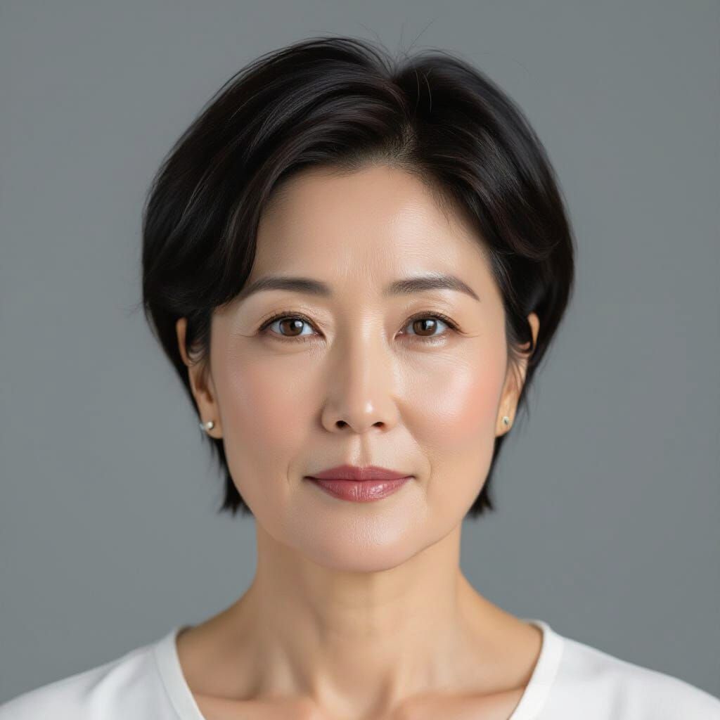Mugshot Portrait of Middle-Aged Korean Woman