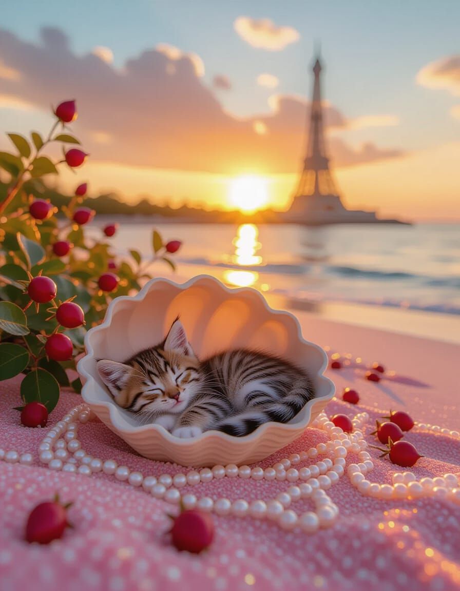Kitten Dreams on a Sparkling Sunset Beach