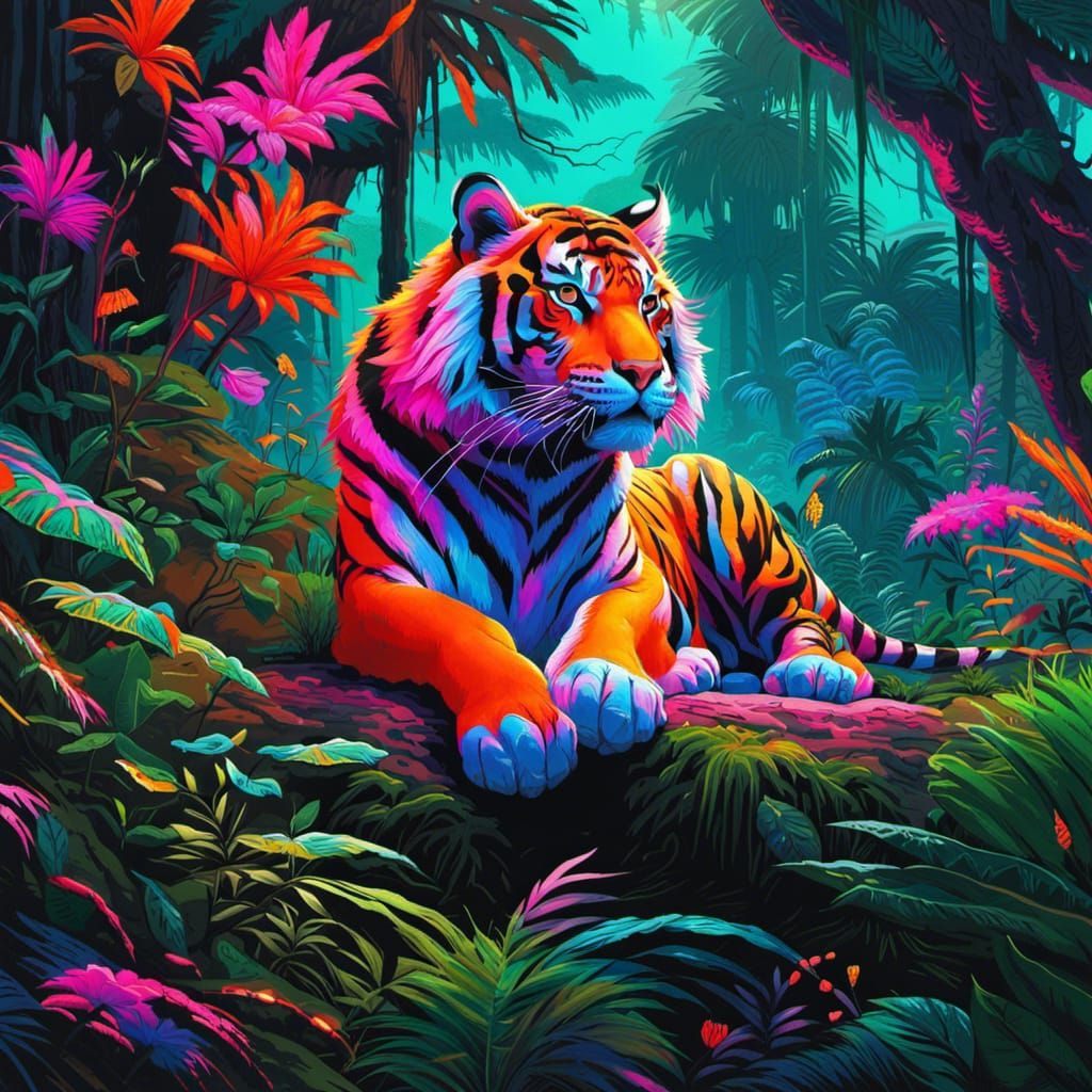 Neon Tiger in Jungle Clearing, Digital Art