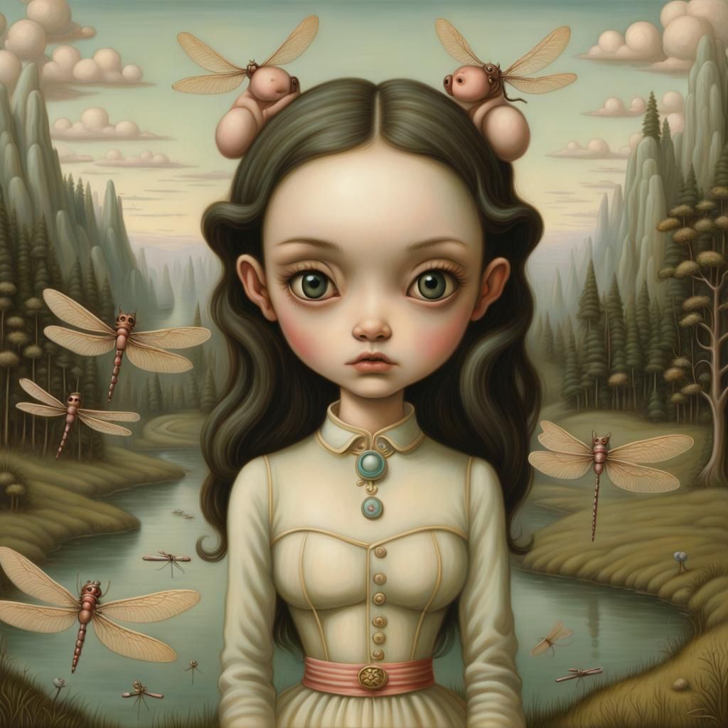 Surreal Valley with Wolf and Dragonflies