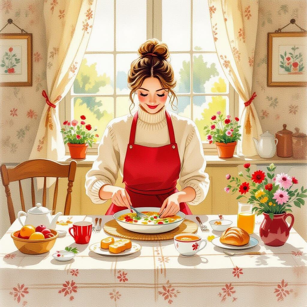 Cozy Woman Prepares Festive Meal in Sand Texture Style