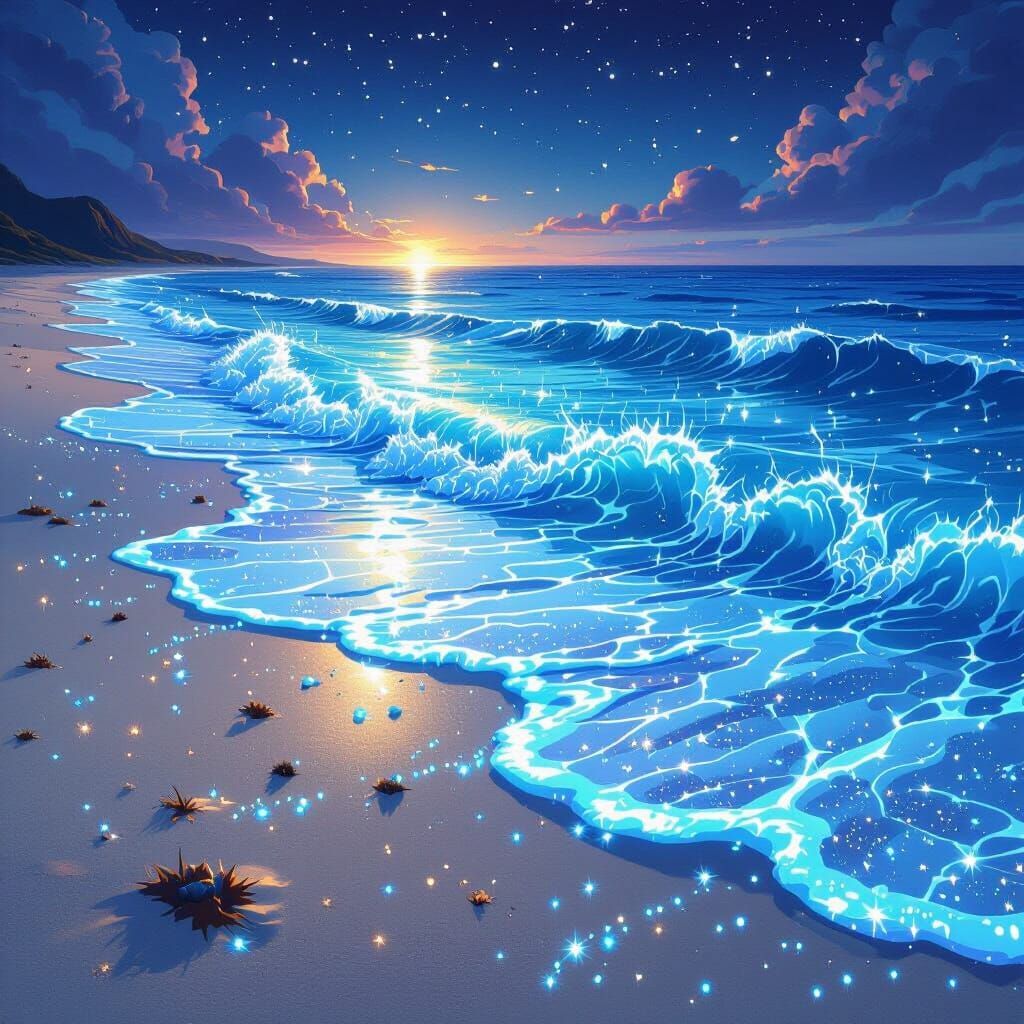 Bioluminescent Waves Create Ethereal Glow on Shore
