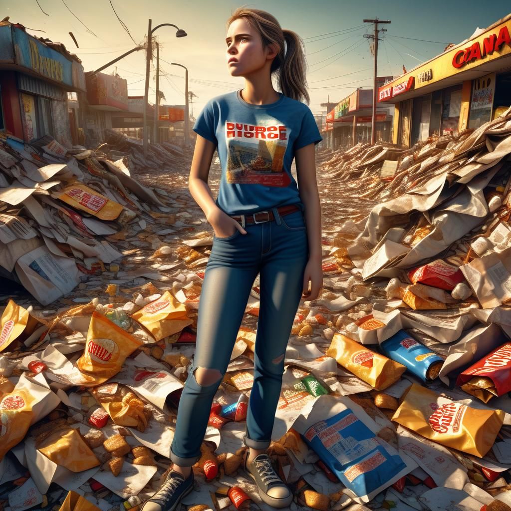 Defiant Woman in Post-Apocalyptic Fast Food Landscape