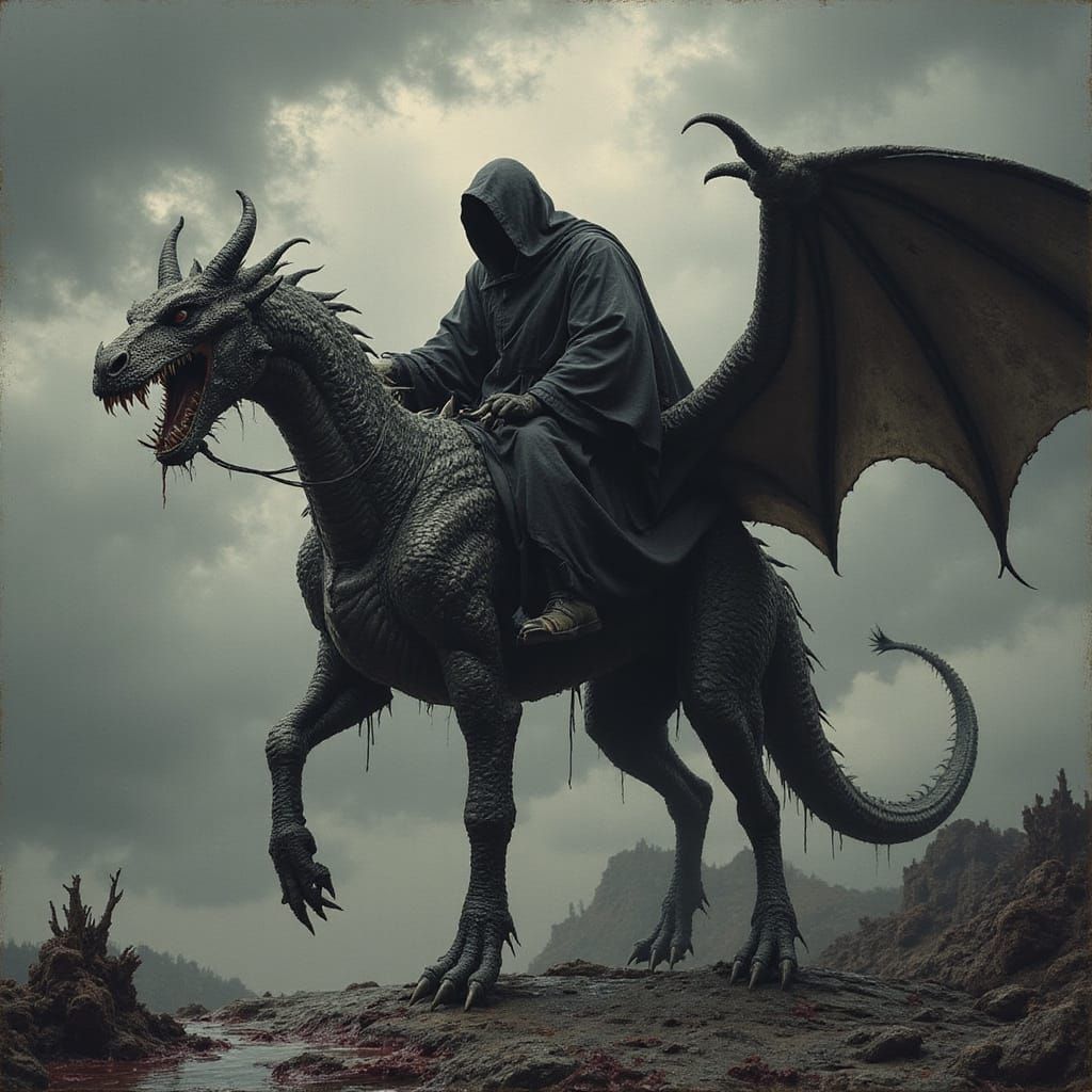 Dark Wizard Riding Dragon in Stormy Ooze Landscape