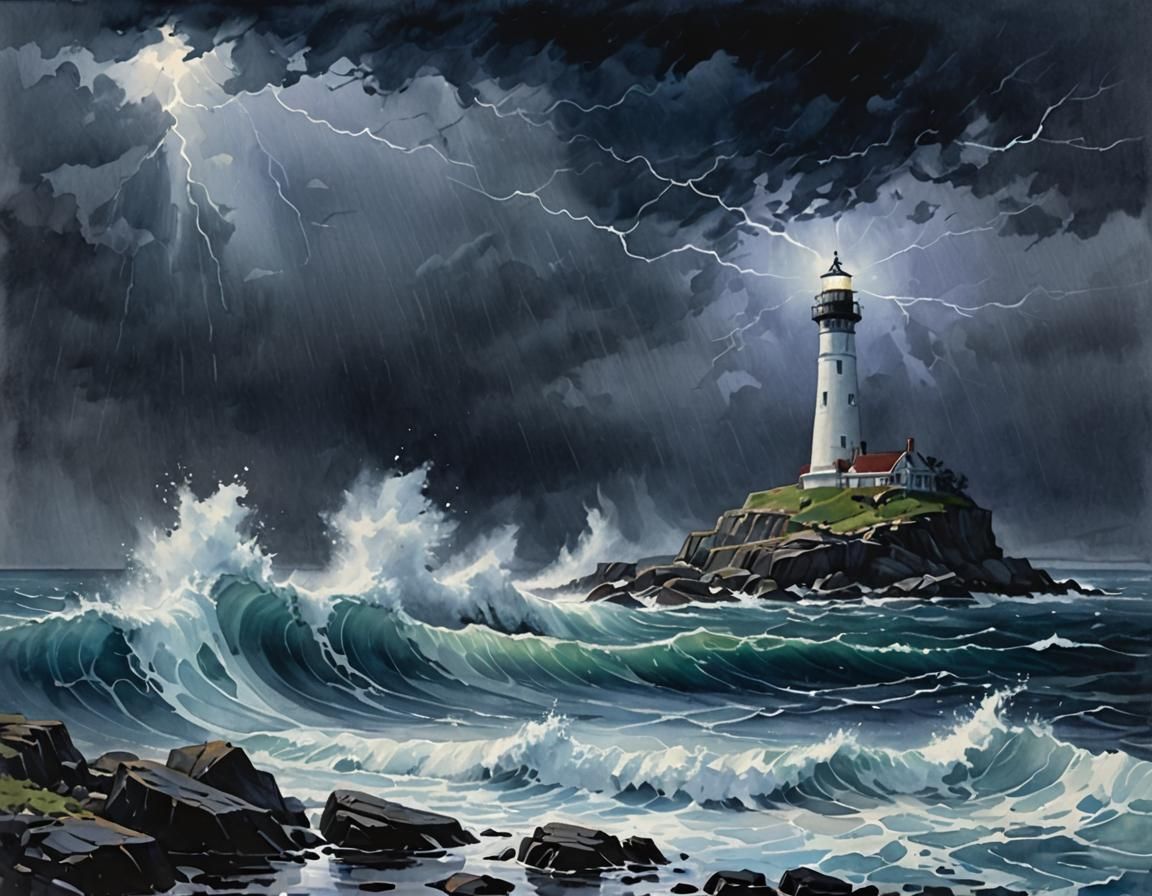 Lighthouse in Storm: Eldritch Gouache Landscape