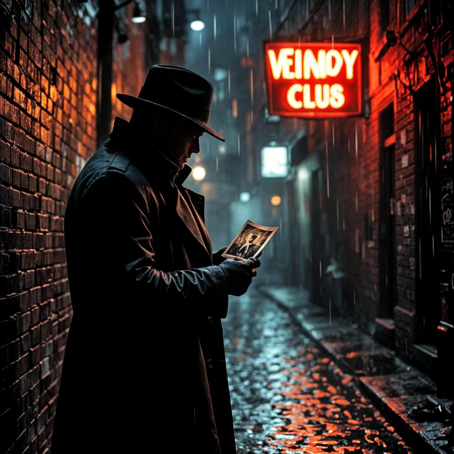 Noir Detective in Rainy Alley with Neon Sign