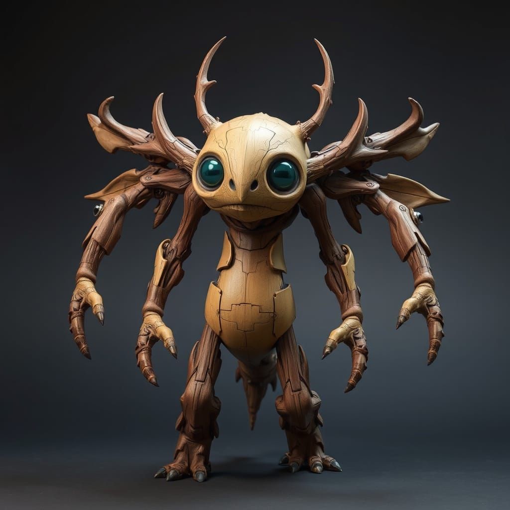Mystical Wooden Creature with Futuristic Aesthetic