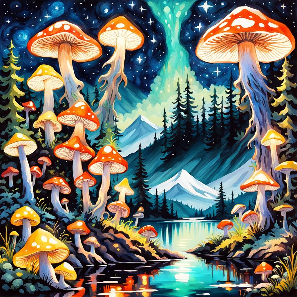 Enchanted Dark Fantasy with Glowing Mushrooms