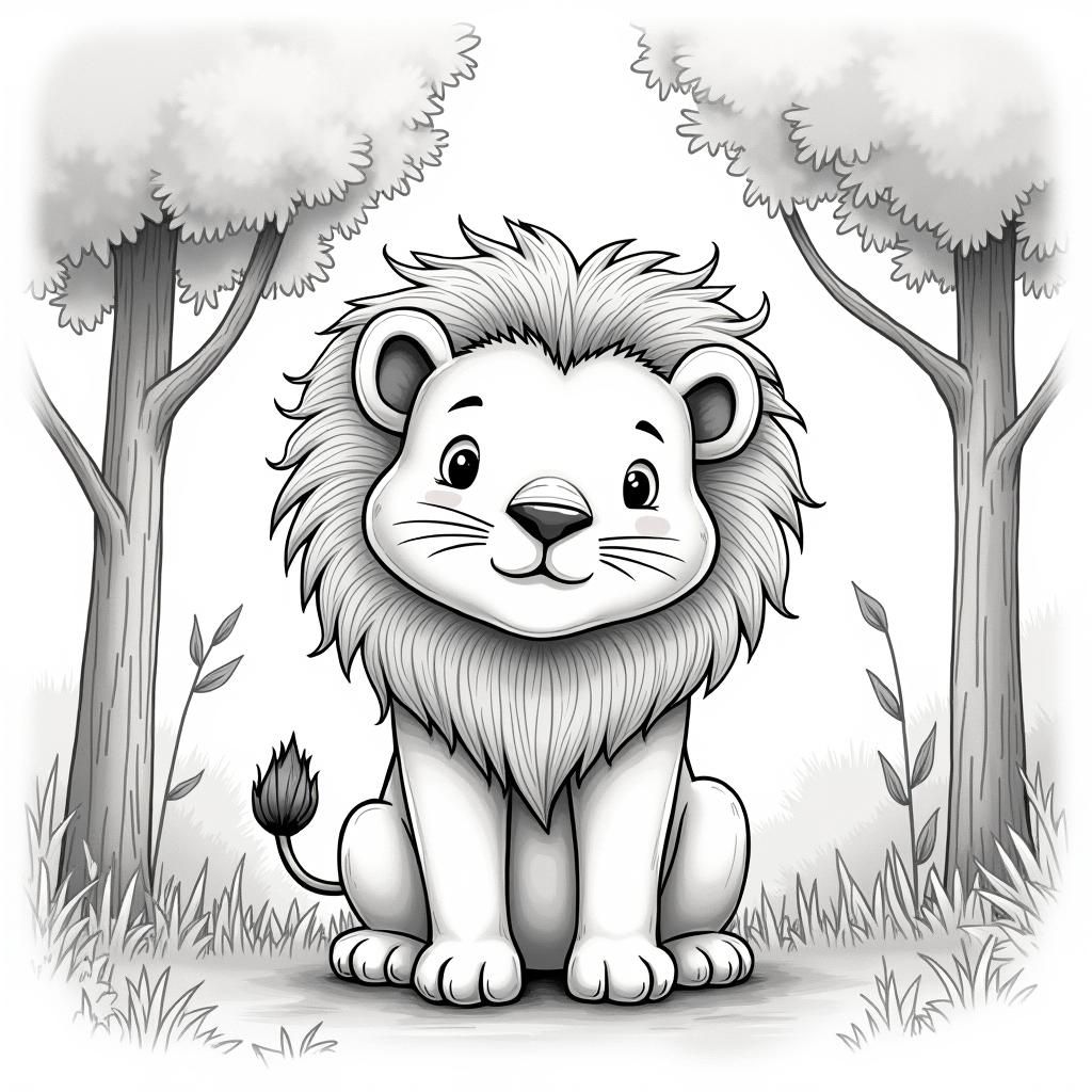 Cute Lion Cub in Jungle Coloring Page