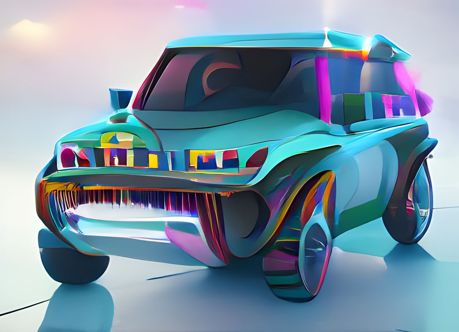 Psychedelic Cityscape Car in Vibrant Illustration