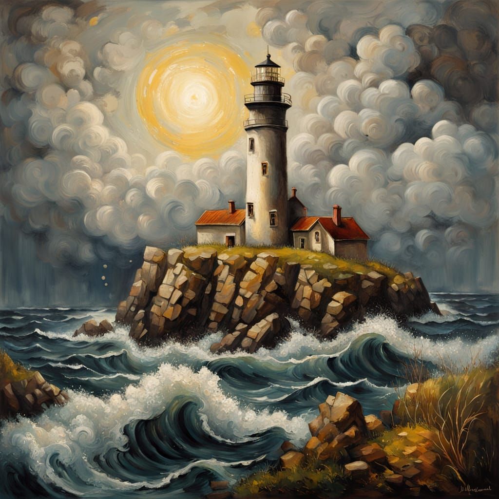 Serene Seascape: Lighthouse in an Overdetailed Oil Painting