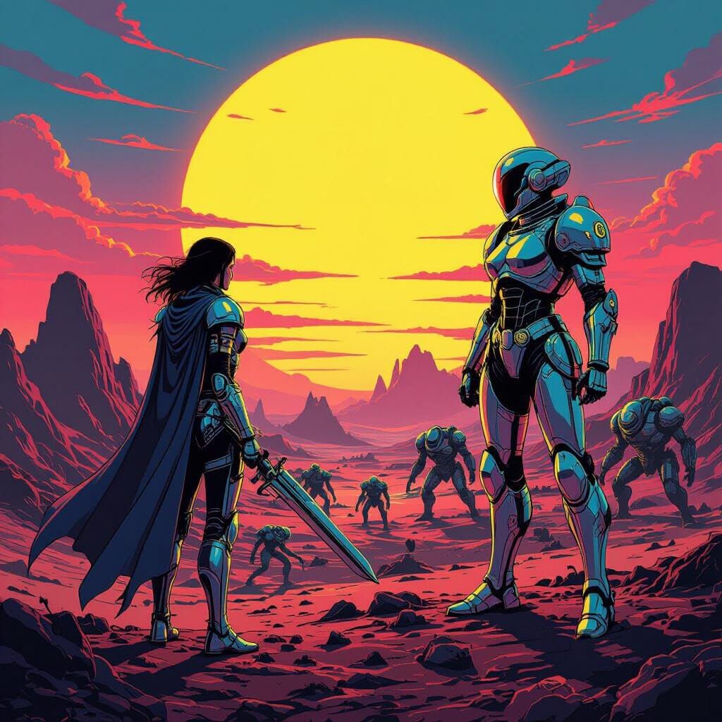 Female Warrior on Alien Planet in 80s Comic Style