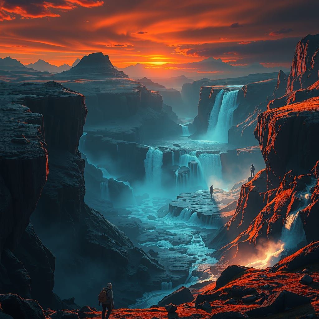 Mystical Valley: Converging Waterfalls on Alien Planet