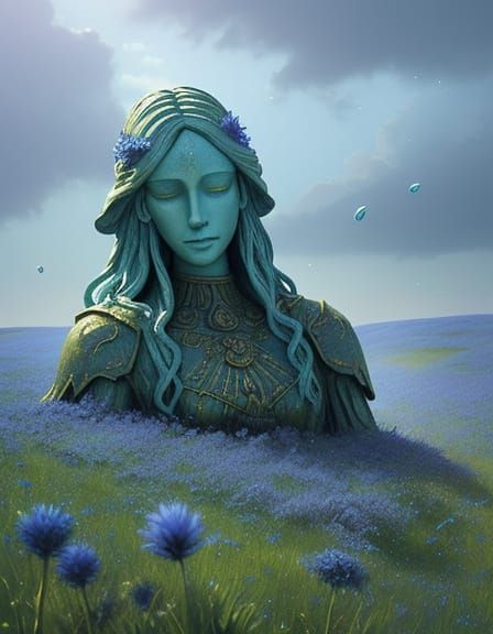 Stone Figure with Cornflower Rain in Golden Hour Light