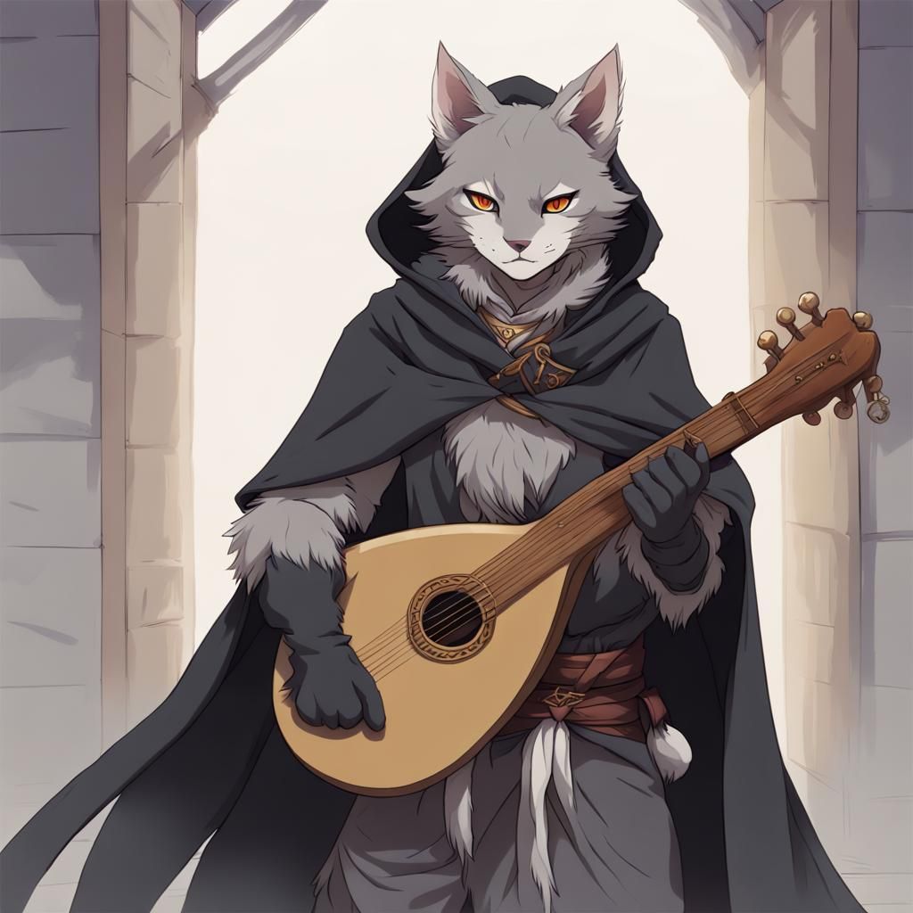 Hooded Tabaxi Bard with Lute in Anime Style