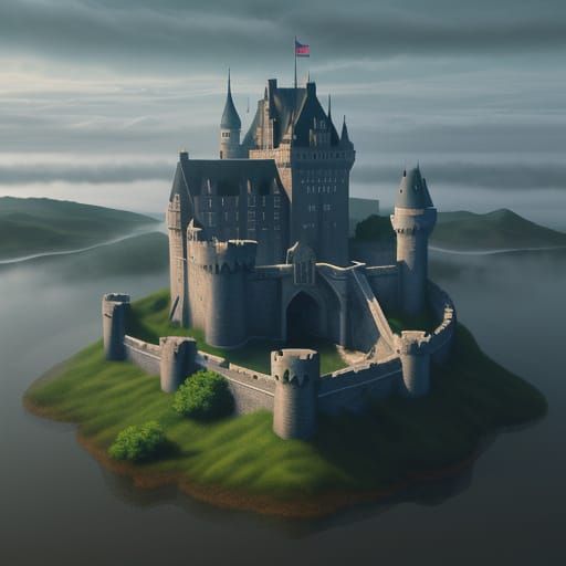 Castle with a draw bridge and a moat situated on an island i...