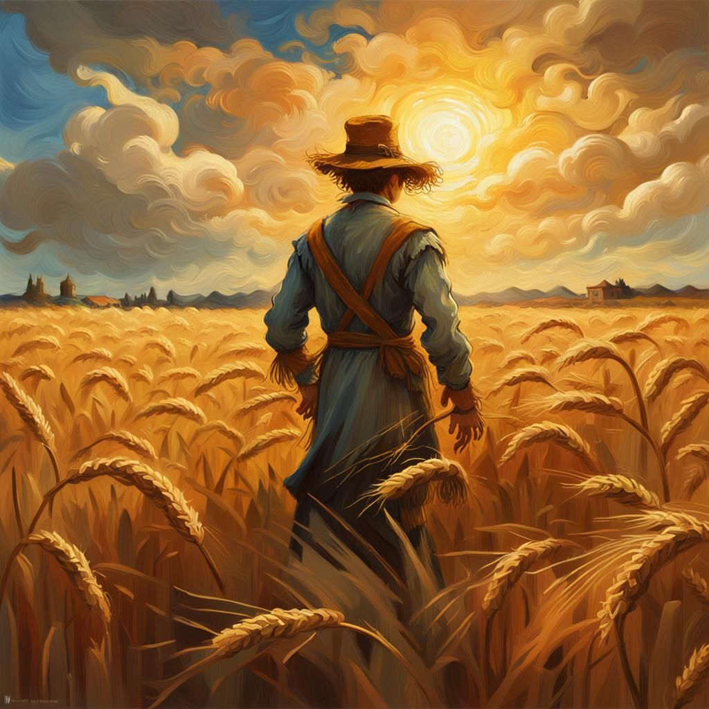 Scarecrow in Wheat Field as Impressionist Oil Painting