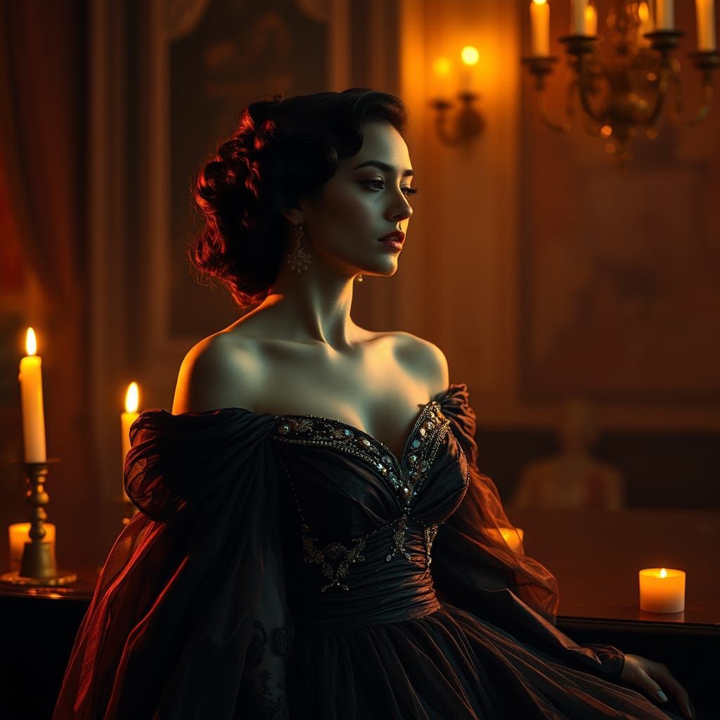 Candlelit Woman in Gown, Moody Surrealist Art