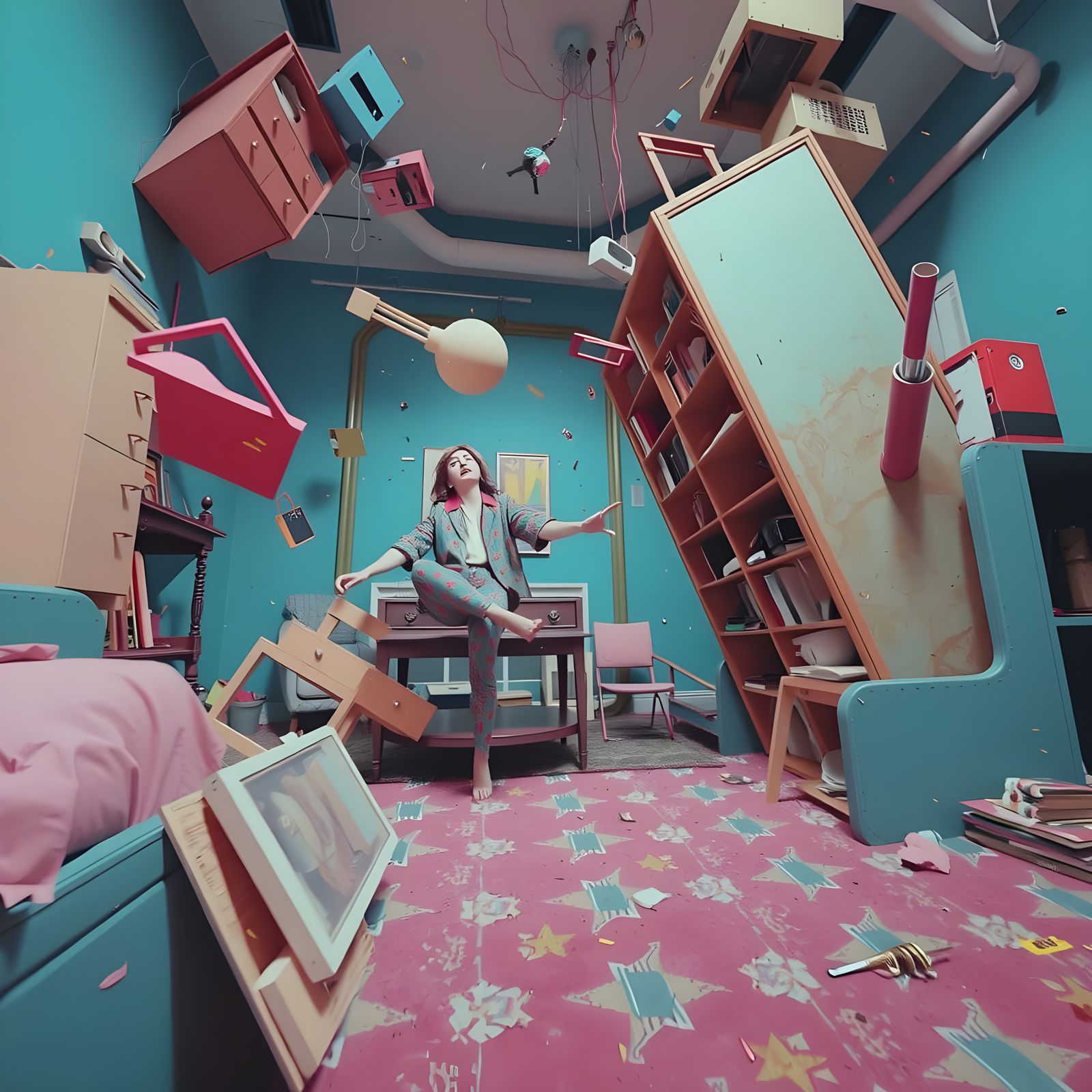 Surreal Tilted Room in Glitch Art Style
