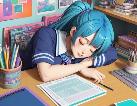 Anime Girl Sleeping on Desk in Colorful Room