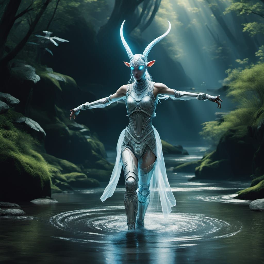 Cybernetic Goatfolk Dancer in a Dramatic Cinematic Scene