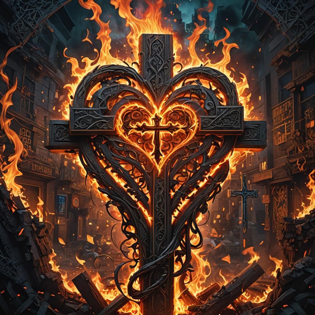 Flaming Heart on Cross in Fantasy Art Style