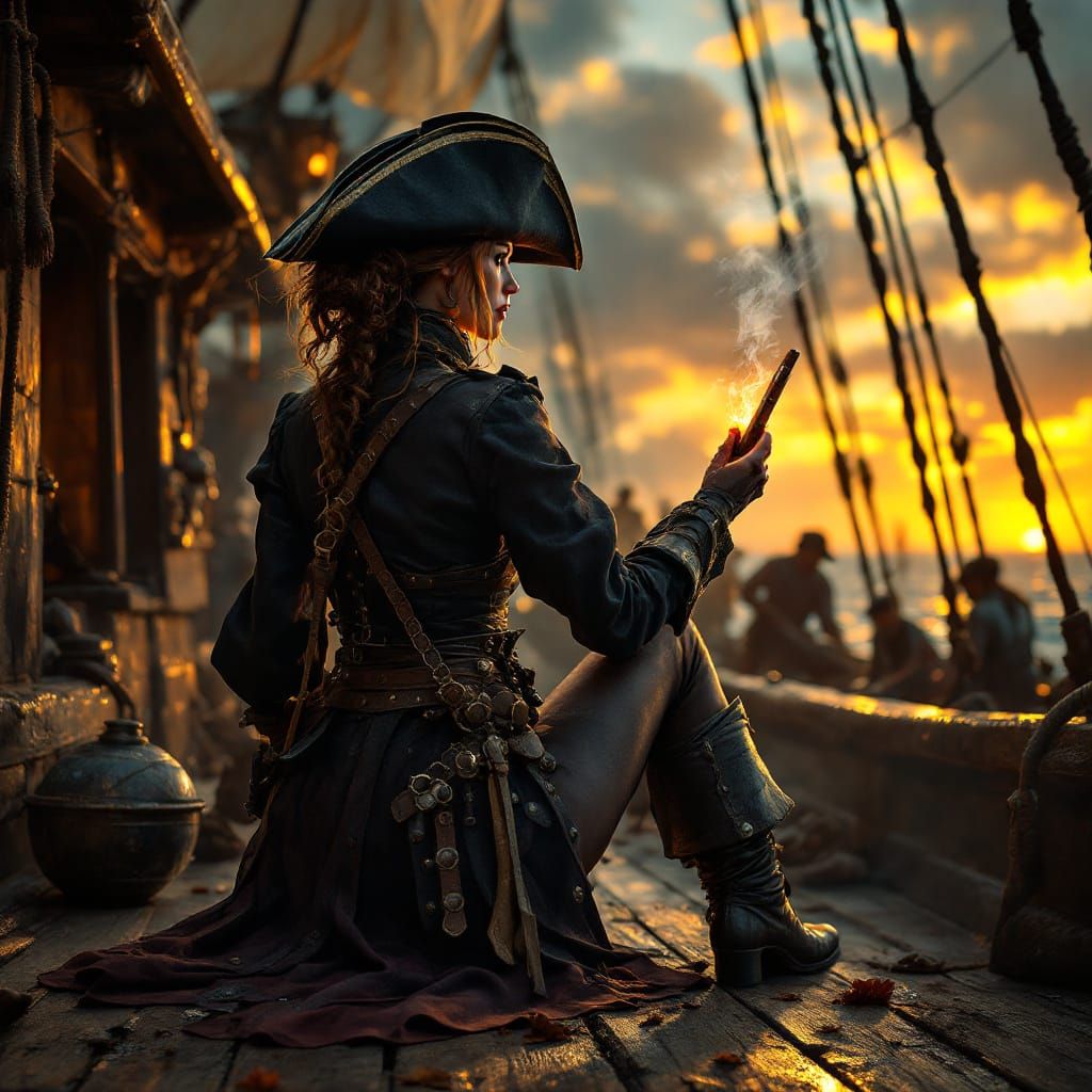 Pirate Captain on Deck at Sunset