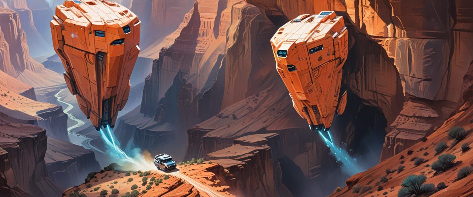 Shuttlecraft in Vast Canyons, Watercolor & Gouache Art