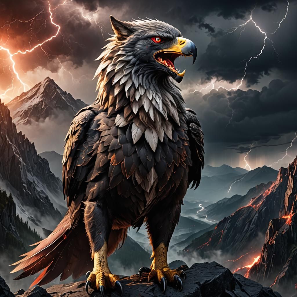 Eagle-Wolf Hybrid in Anime Style During Thunderstorm