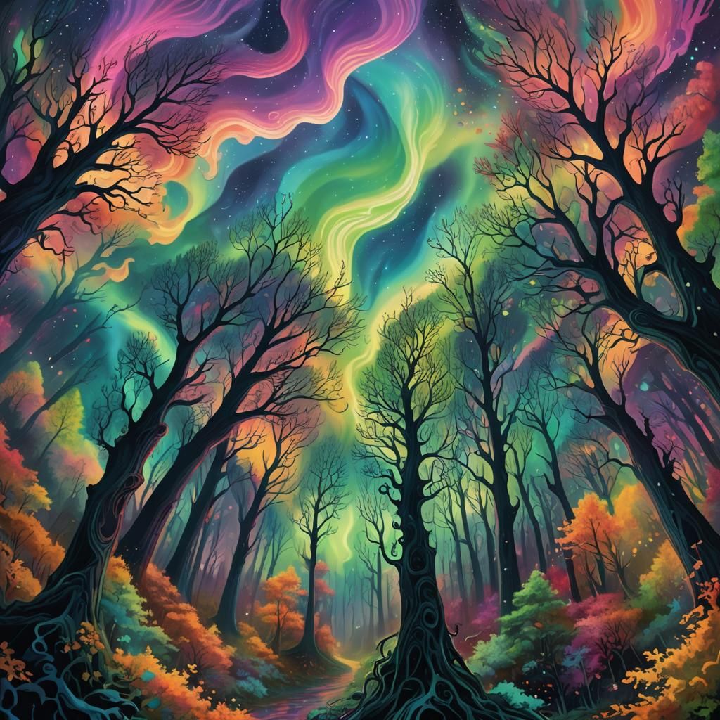 Psychedelic Northern Lights Engulf Dreamlike Forest