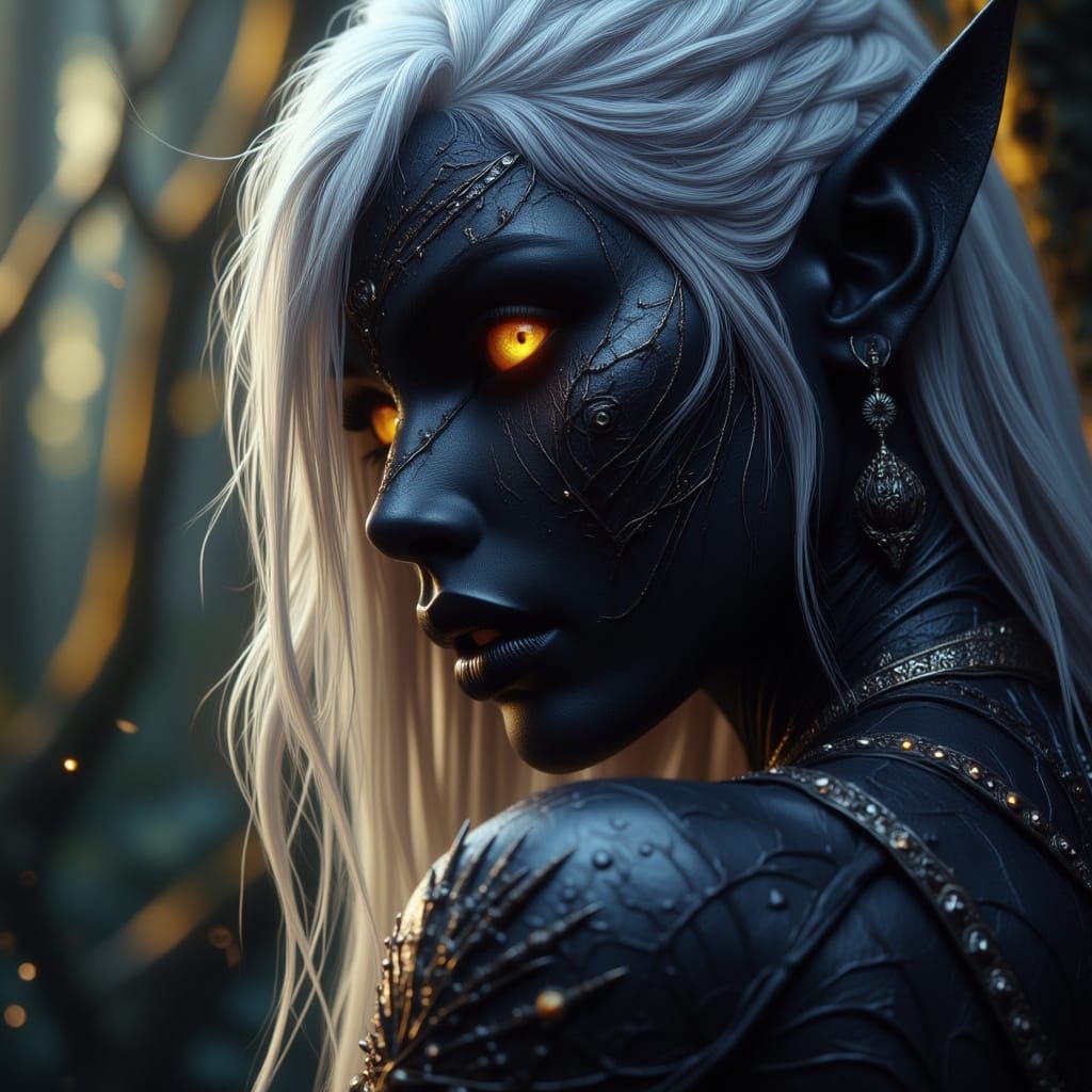 Drow Elf Priestess With White Hair in Dark Fantasy Style