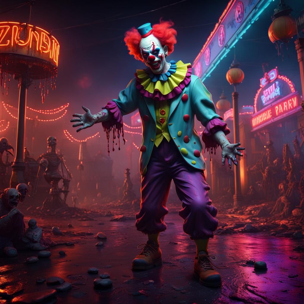 Zombie Clown in Neon Theme Park: Detailed Matte Painting