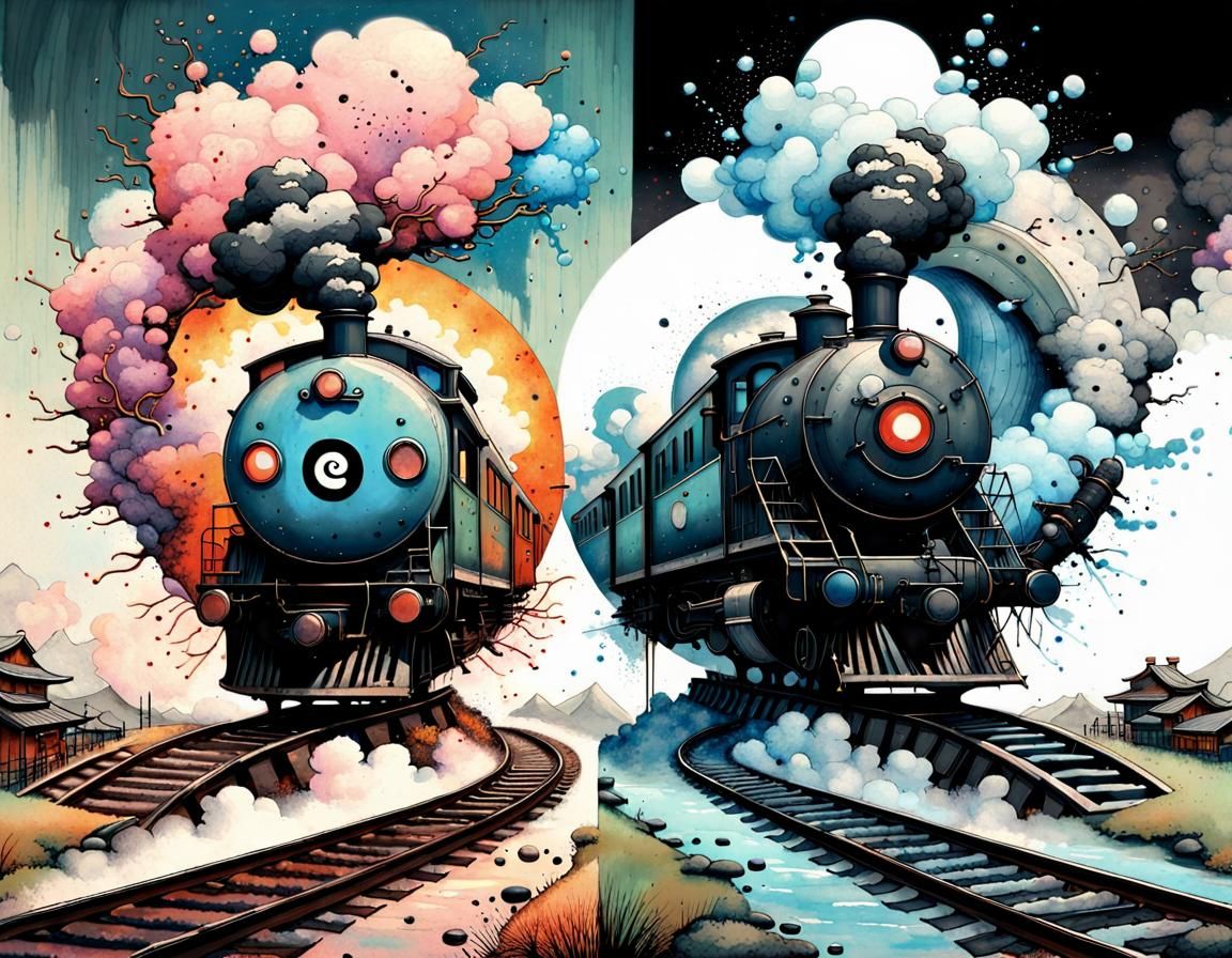 Yin Yang Landscape with Train in Watercolor Splatter Style