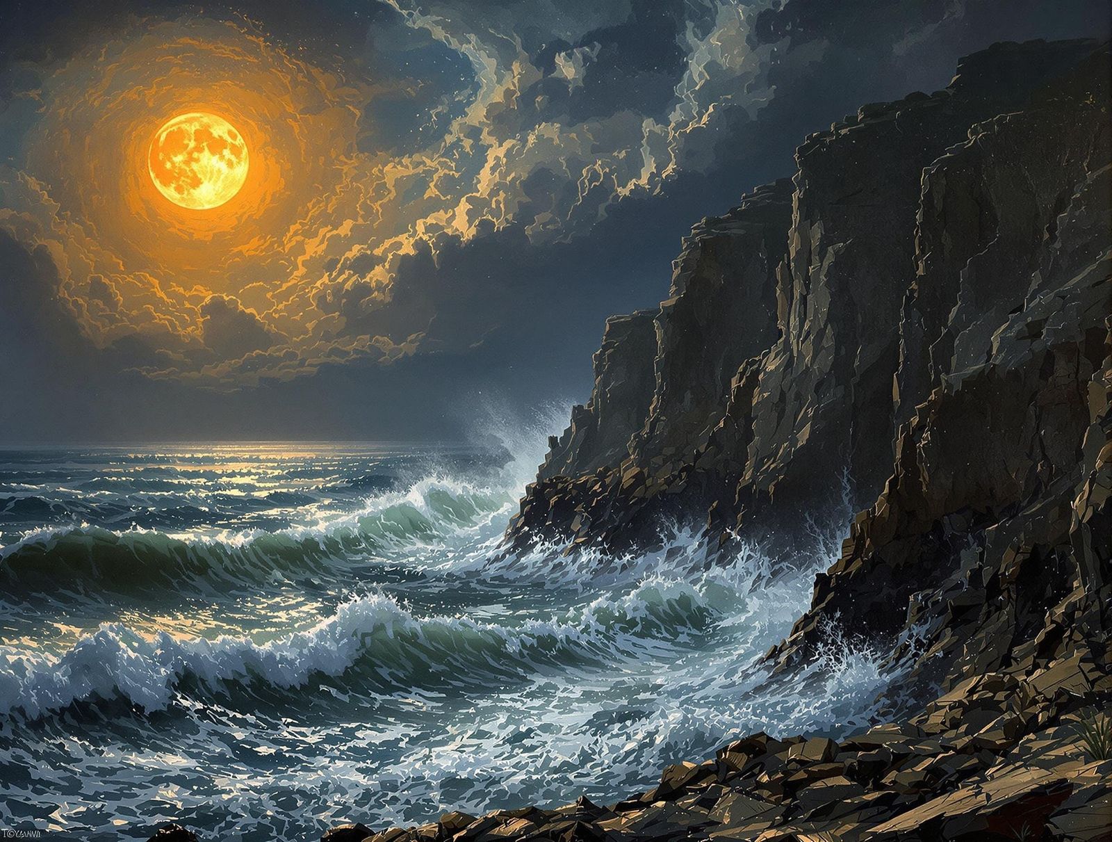 Ethereal Moonlit Coast in Dramatic, Romantic Style