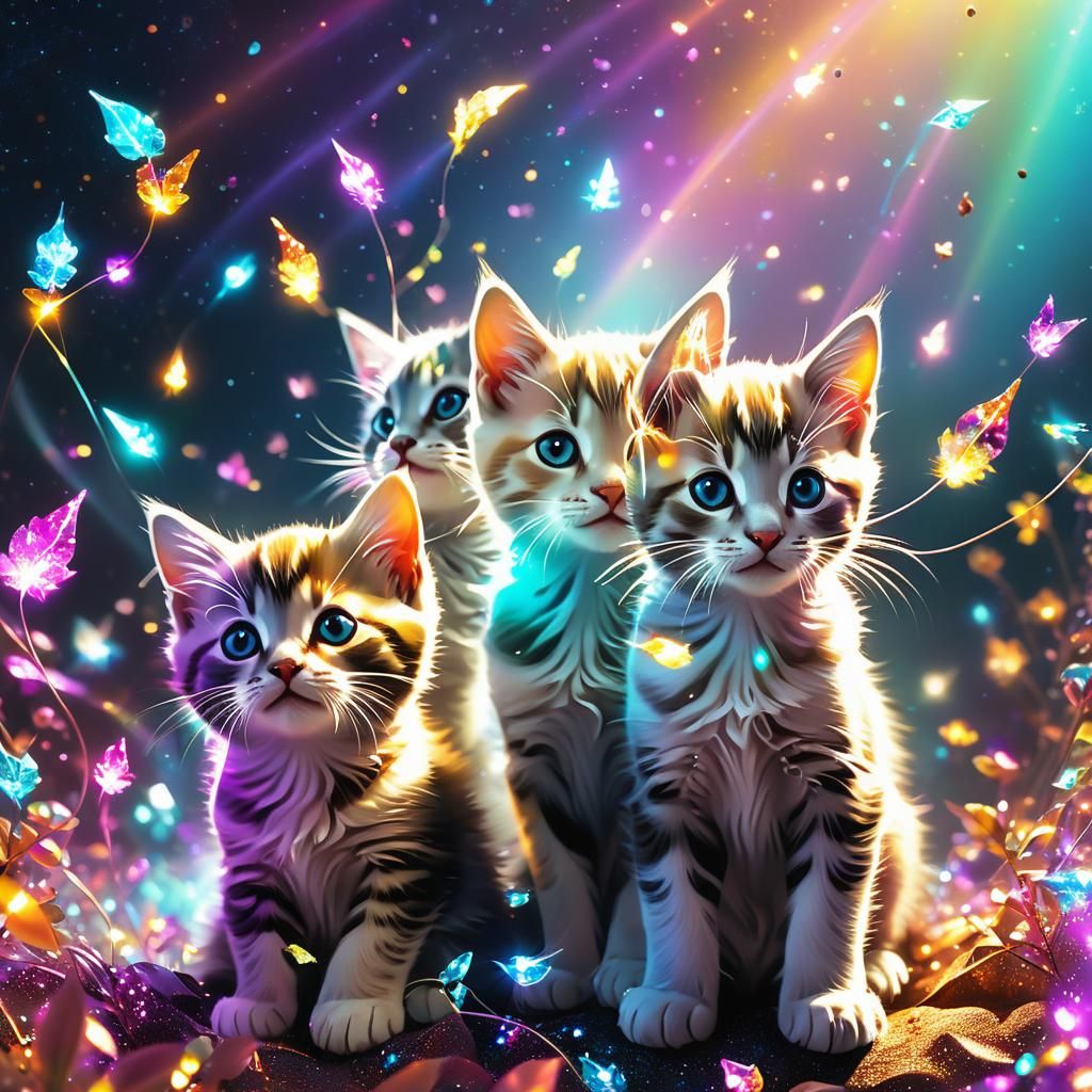 Rainbow Crystal Kittens in Surreal Digital Art