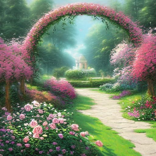 Rose Garden Scene at Sunrise in Ethereal Style