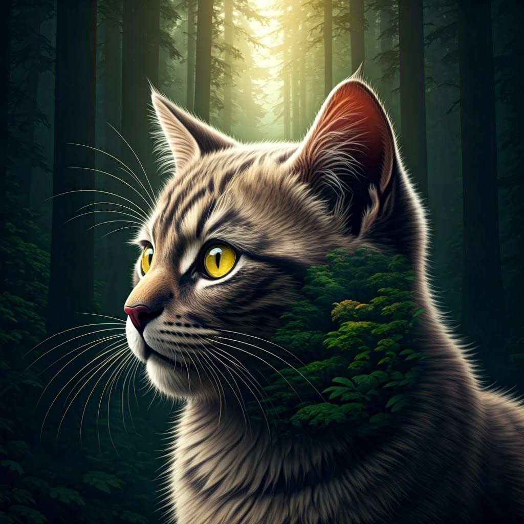 Double Exposure: Kitten and Tiger in Forest